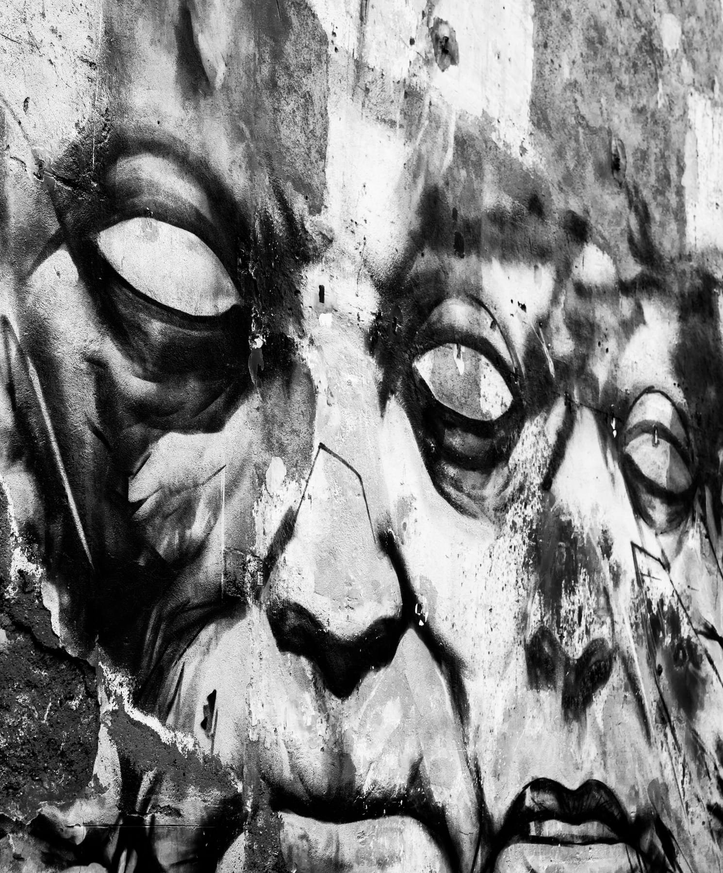 Visages peints en street art, noir et blanc, Mulhouse